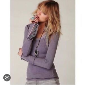 Free People Purple Motor Button Cuff Waffle Thermal Top Shirt | XS